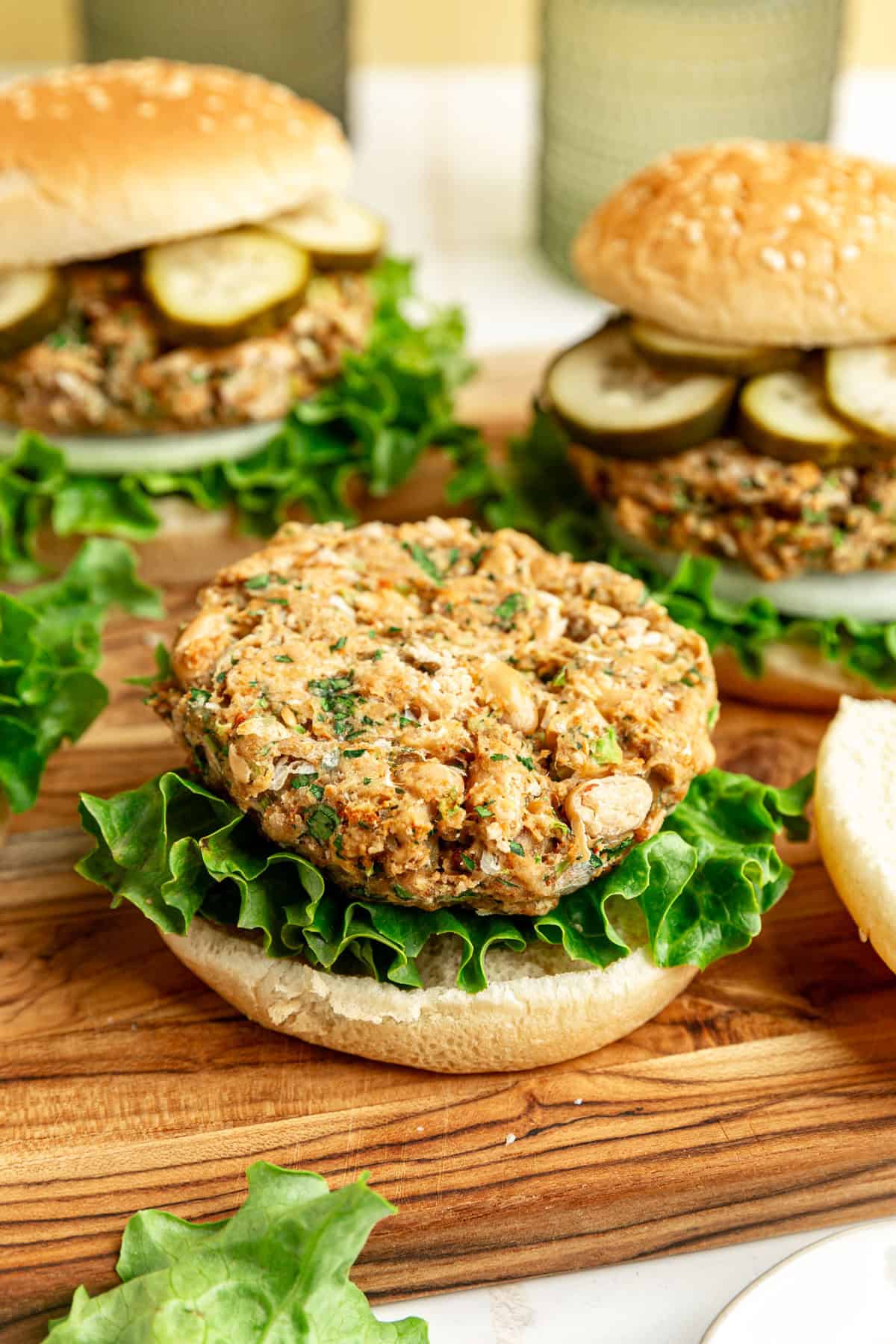 An open-faced vegan white bean burger.