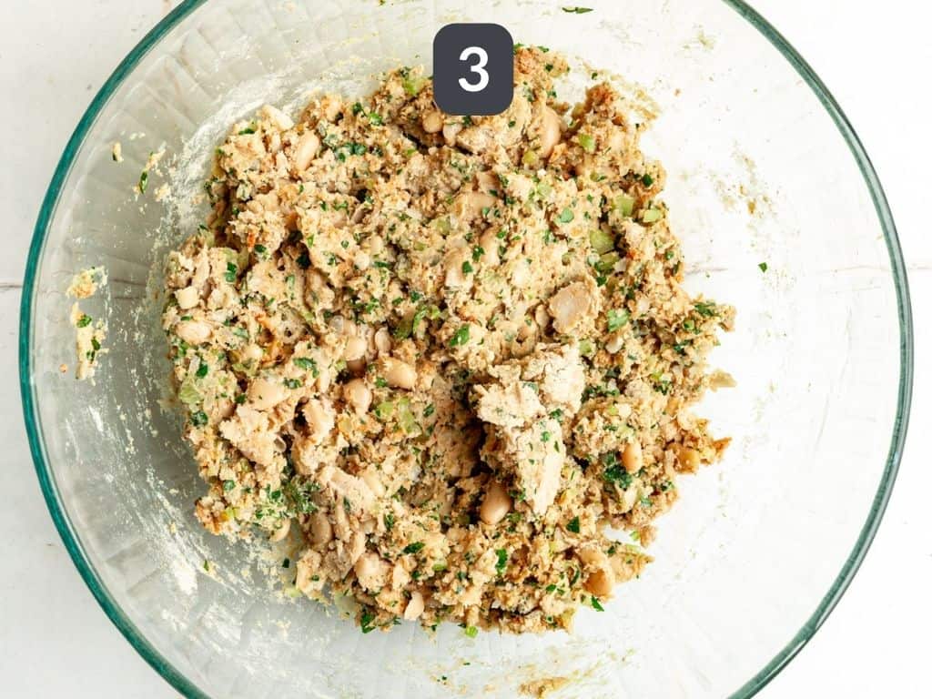 Vegan White Bean Burgers Step 3 - add the remaining ingredients and mix.