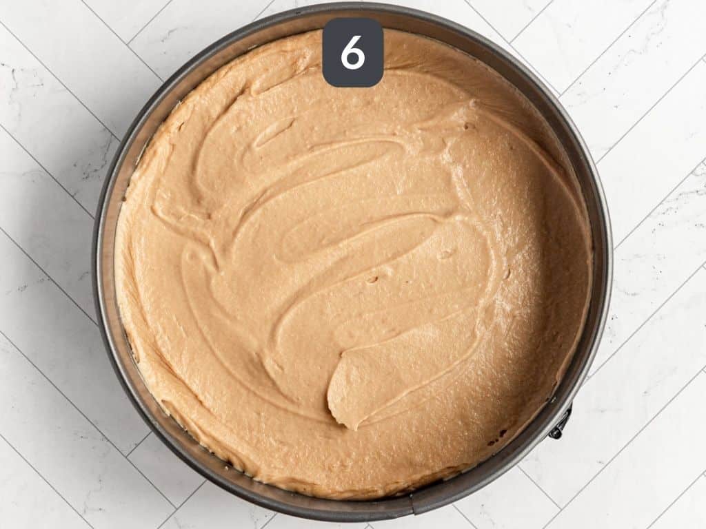 Vegan Peanut Butter Cheesecake Step 6 - pour the filling into the pan.