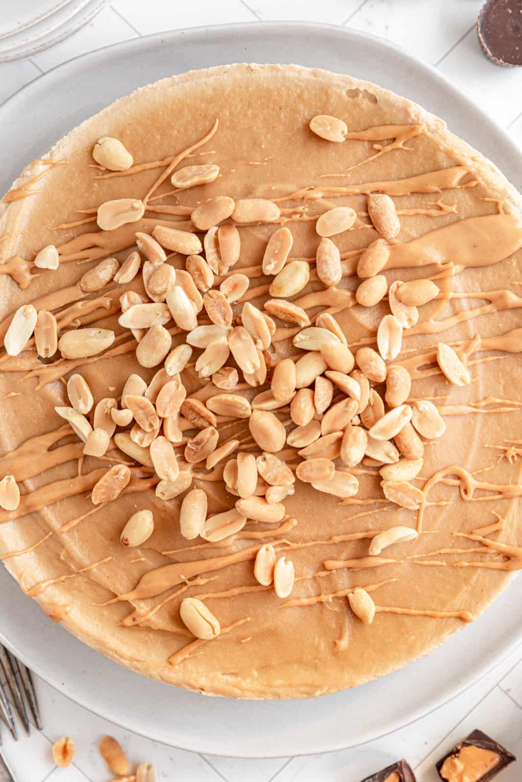 Whole Vegan Peanut Butter Cheesecake drizzled with peanut butter and topped with peanuts.