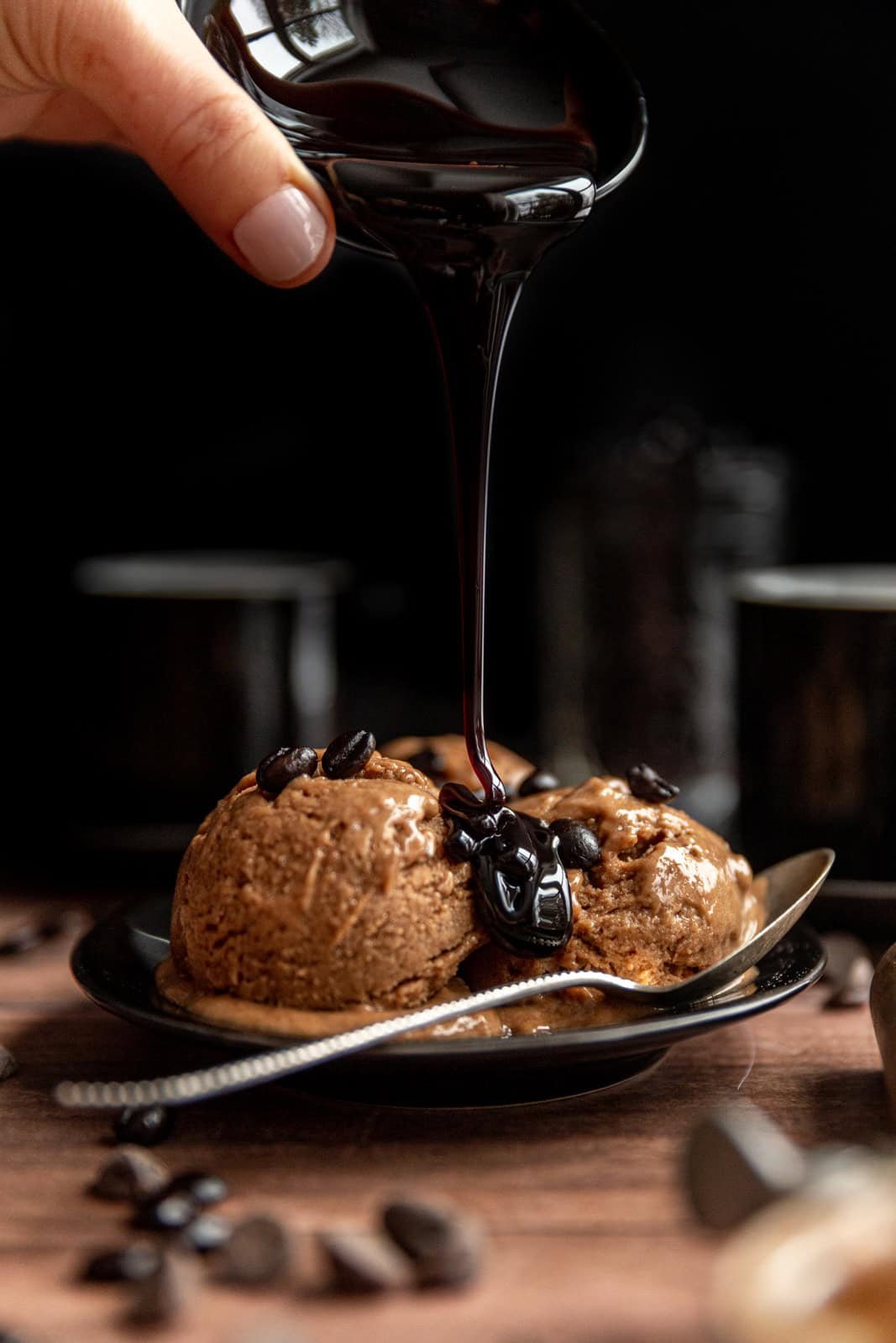 Coffee Nice Cream with date syrup being poured on