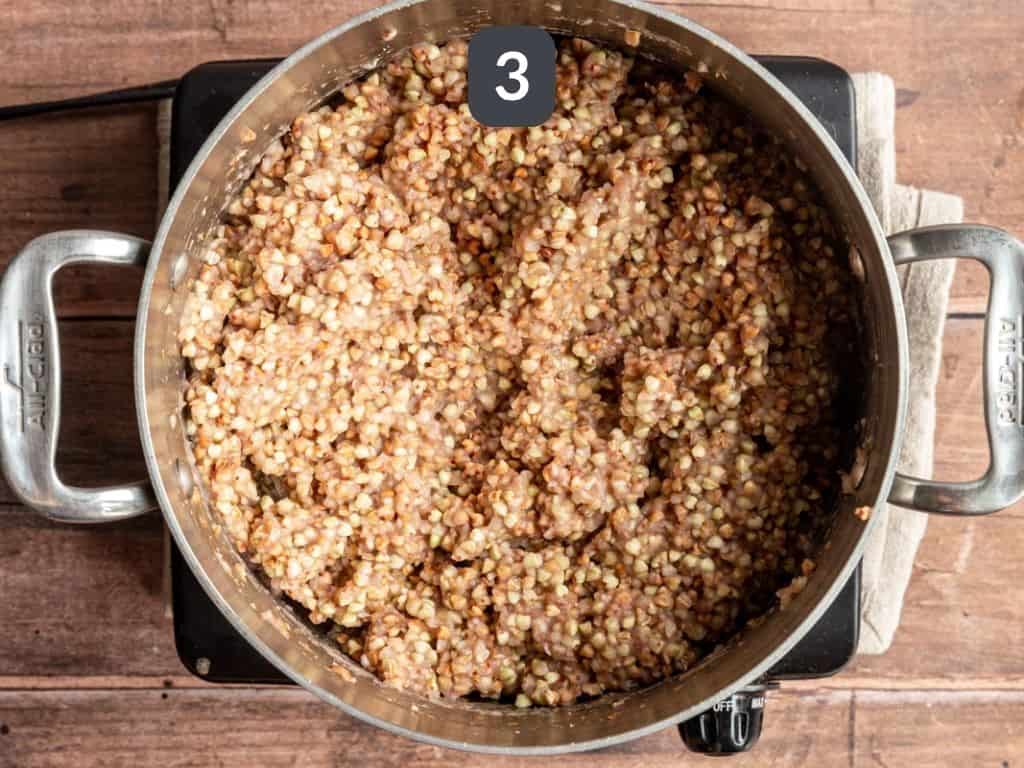 Buckwheat groats cooked in a pot.