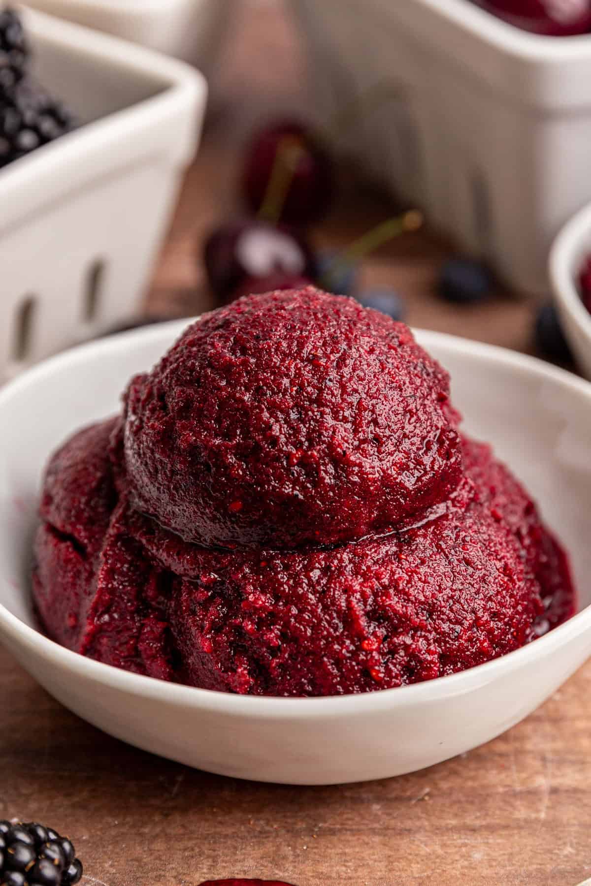 A bowl of melting creamy berry sorbet.