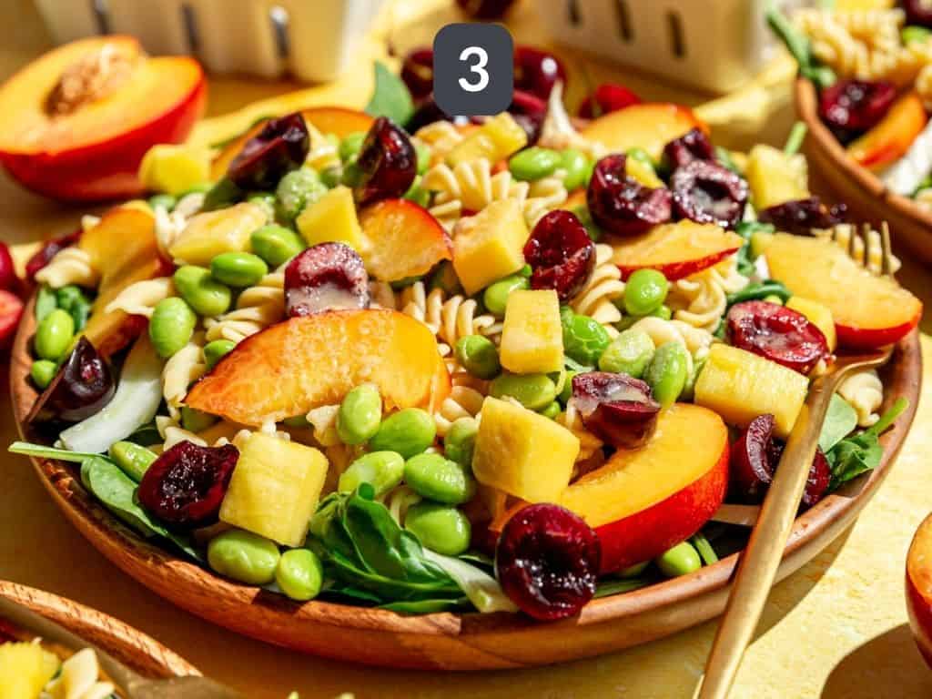 Summer Fruit and Pasta Salad Step 3 - assemble the salad.