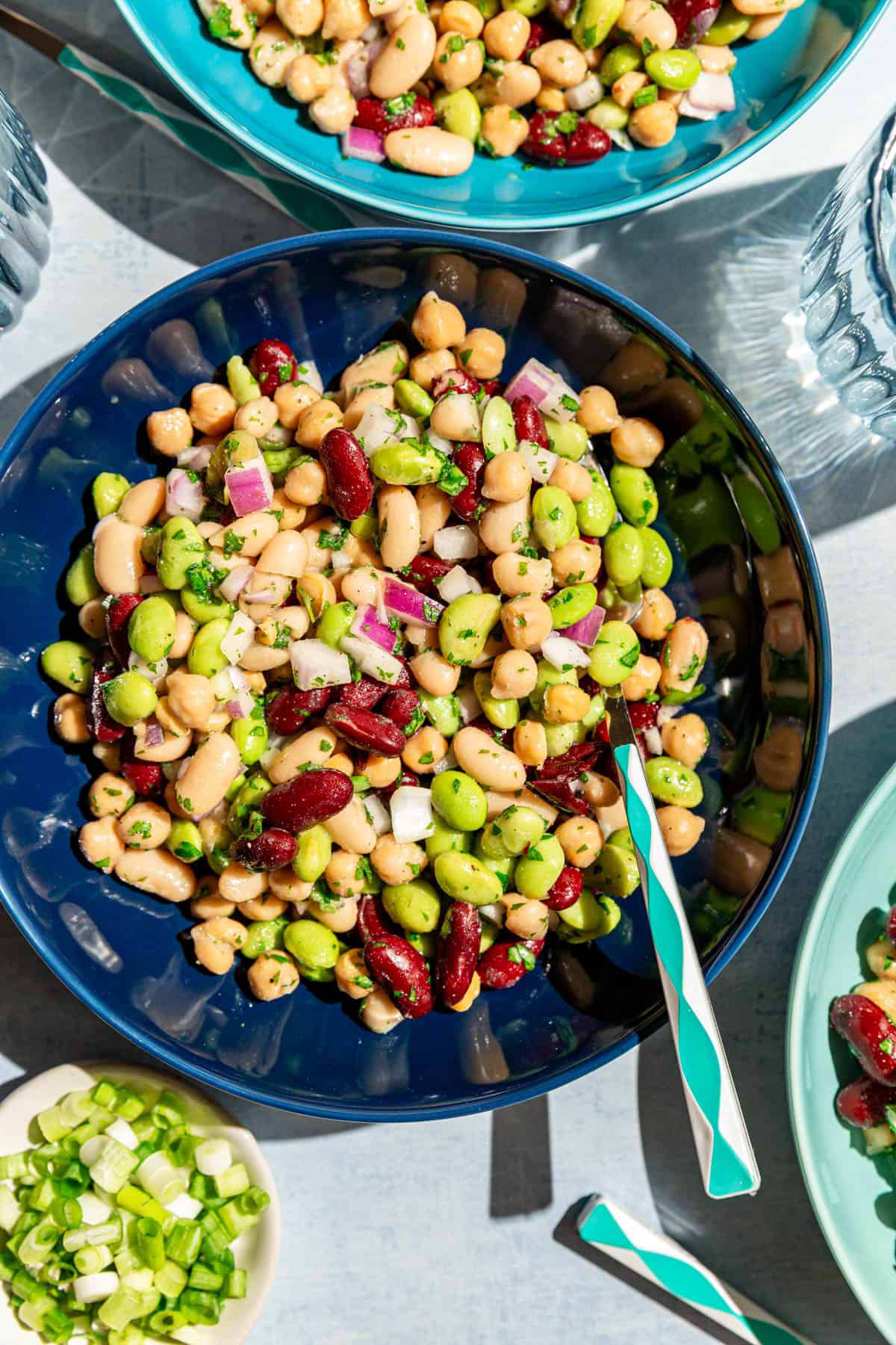 A bowl of vegan four bean salad with a fork, ready to serve.