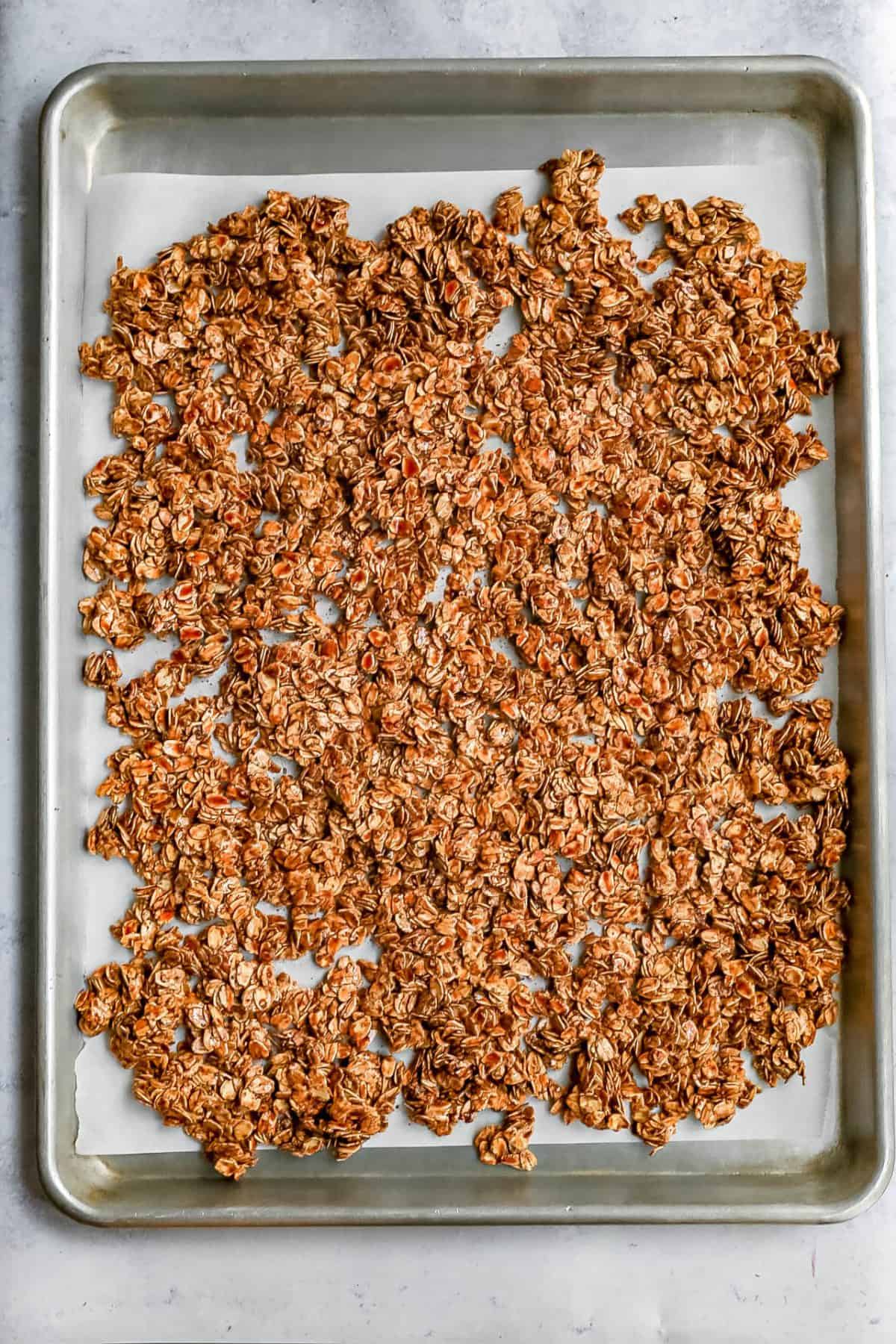 Vegan Pumpkin Spice Latte Granola on Baking Sheet