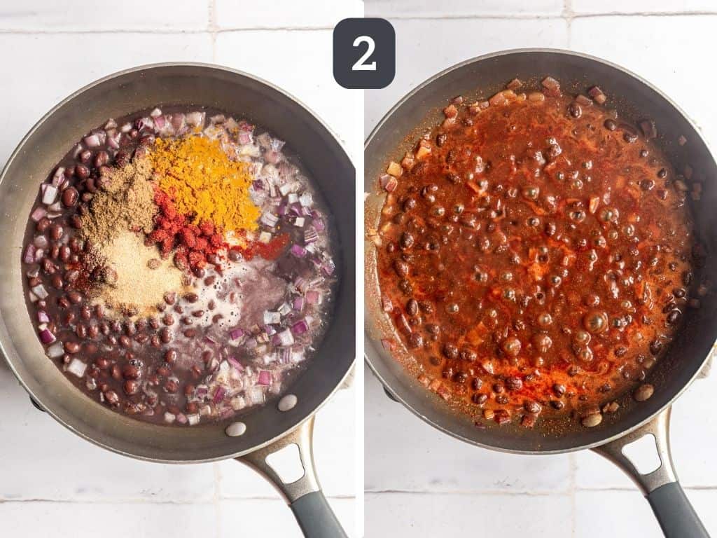Sautéed Black Beans Step 2 - add the beans and spices.