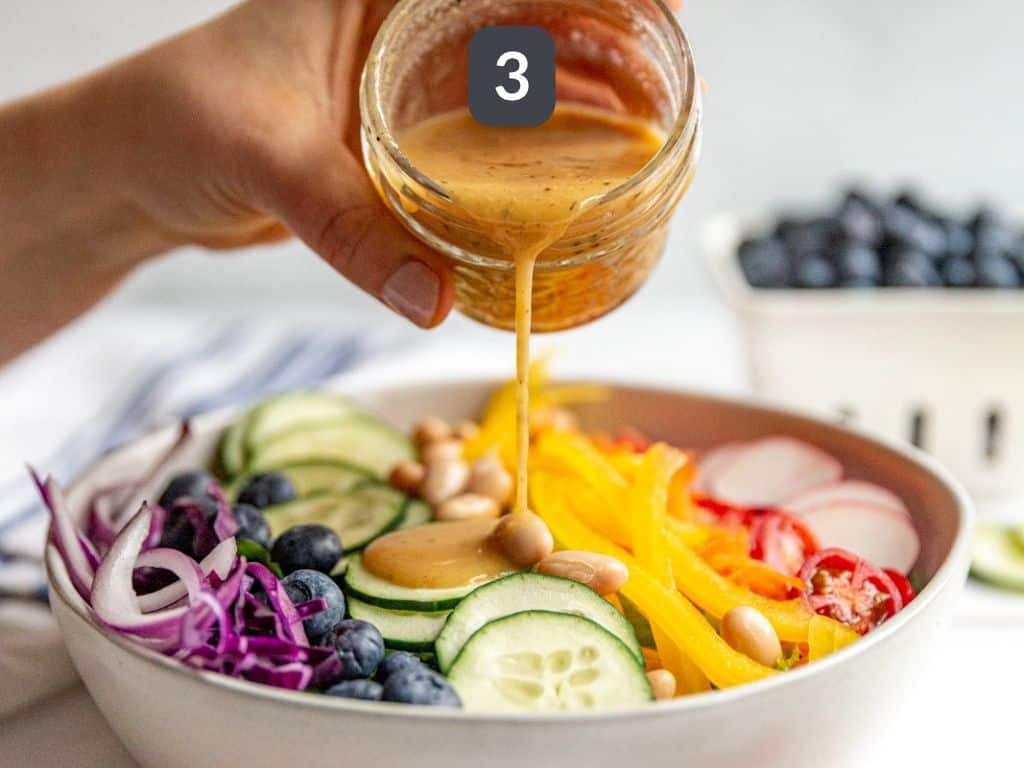 Rainbow Salad Bowl dressing drizzle