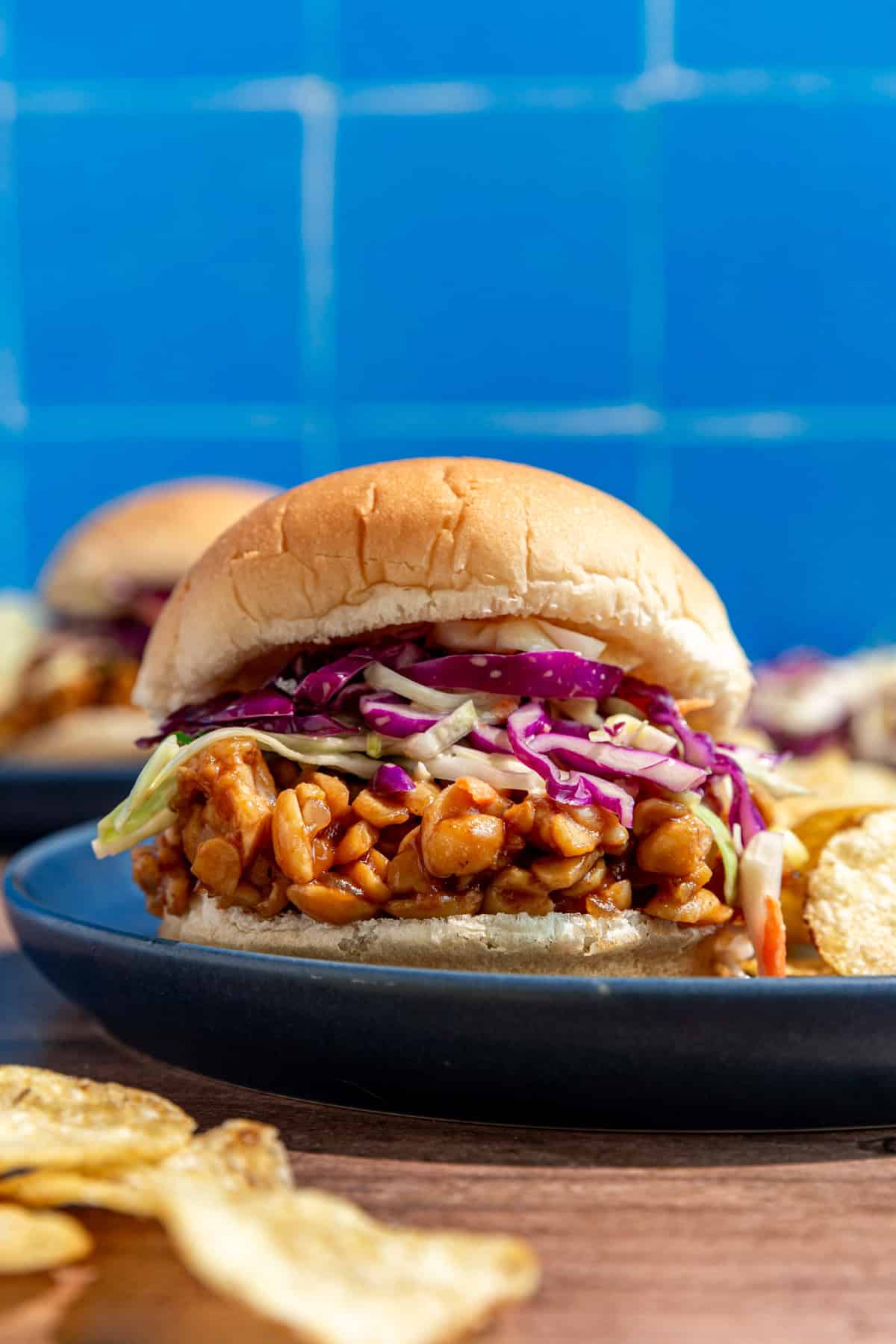 A loaded bbq tempeh sandwich.