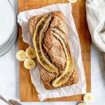 A loaf of blender banana bread, ready to slice.