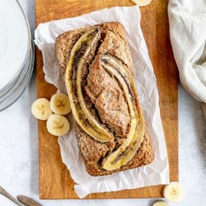 A loaf of blender banana bread, ready to slice.