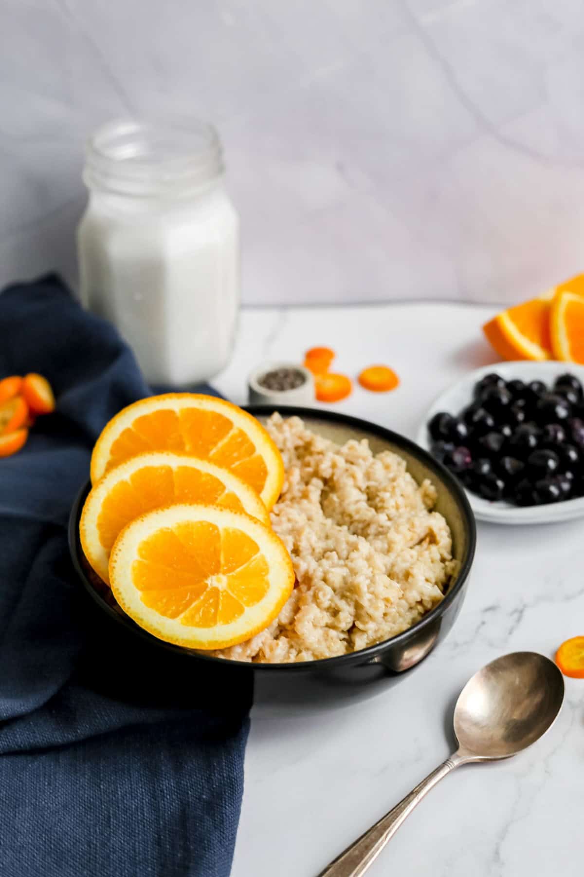 A bowl of blueberry orange oatmeal.