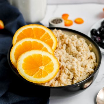 A bowl of blueberry orange oatmeal.