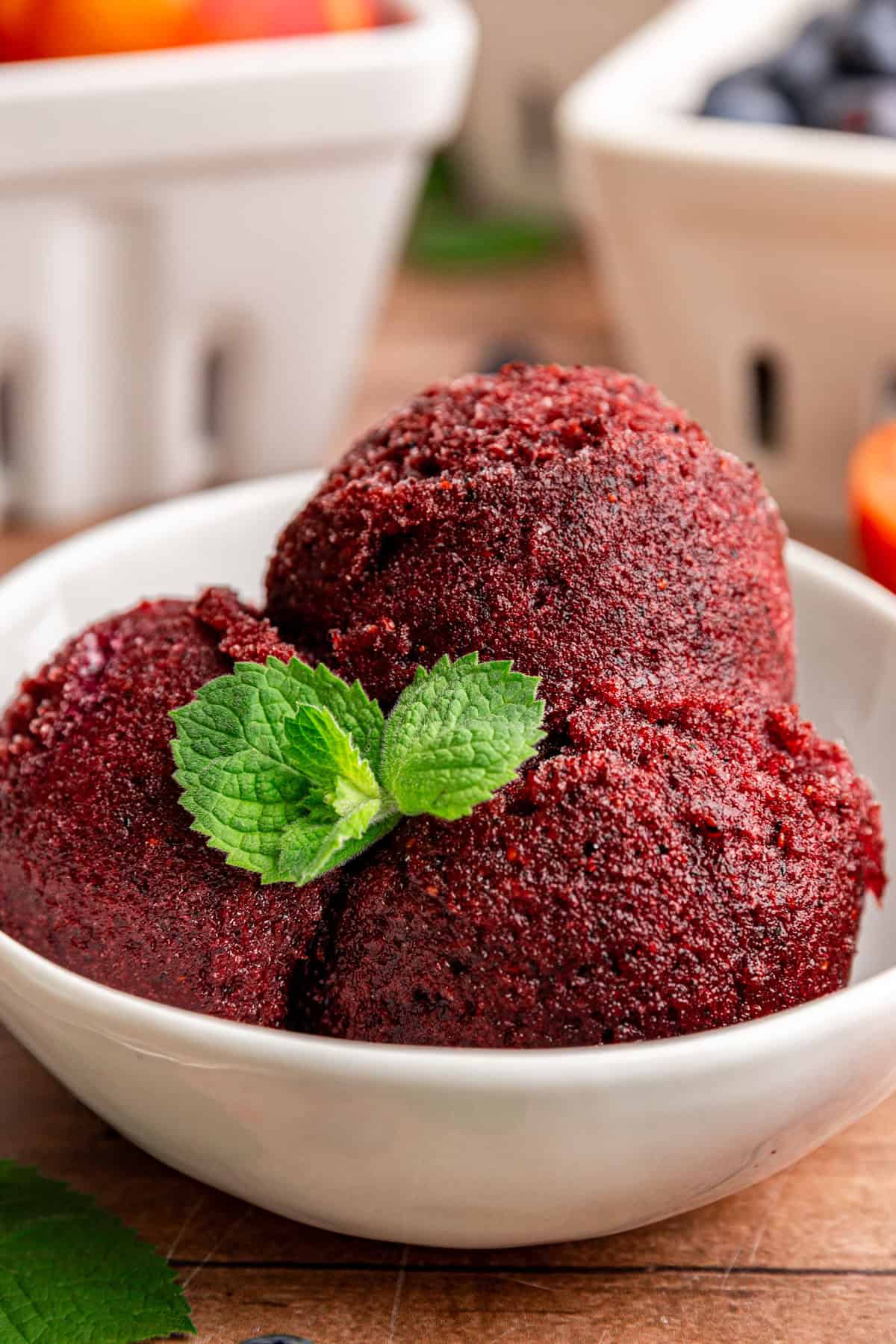 A bowl of Blueberry Peach Sorbet, garnished with mint.