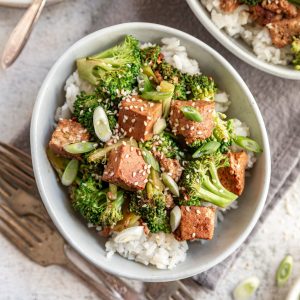 A bowl of broccoli and tofu and rice.