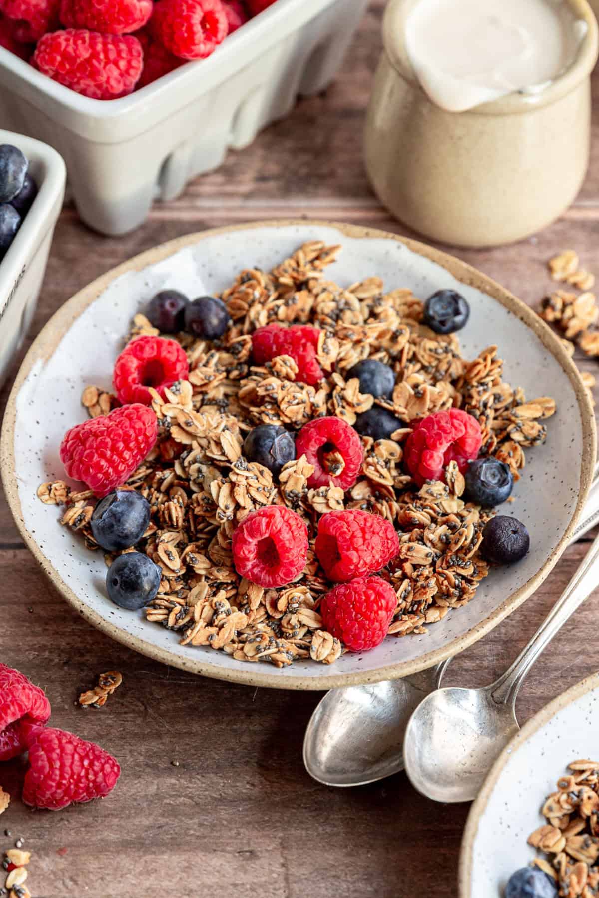A bowl of chia granola with berries.