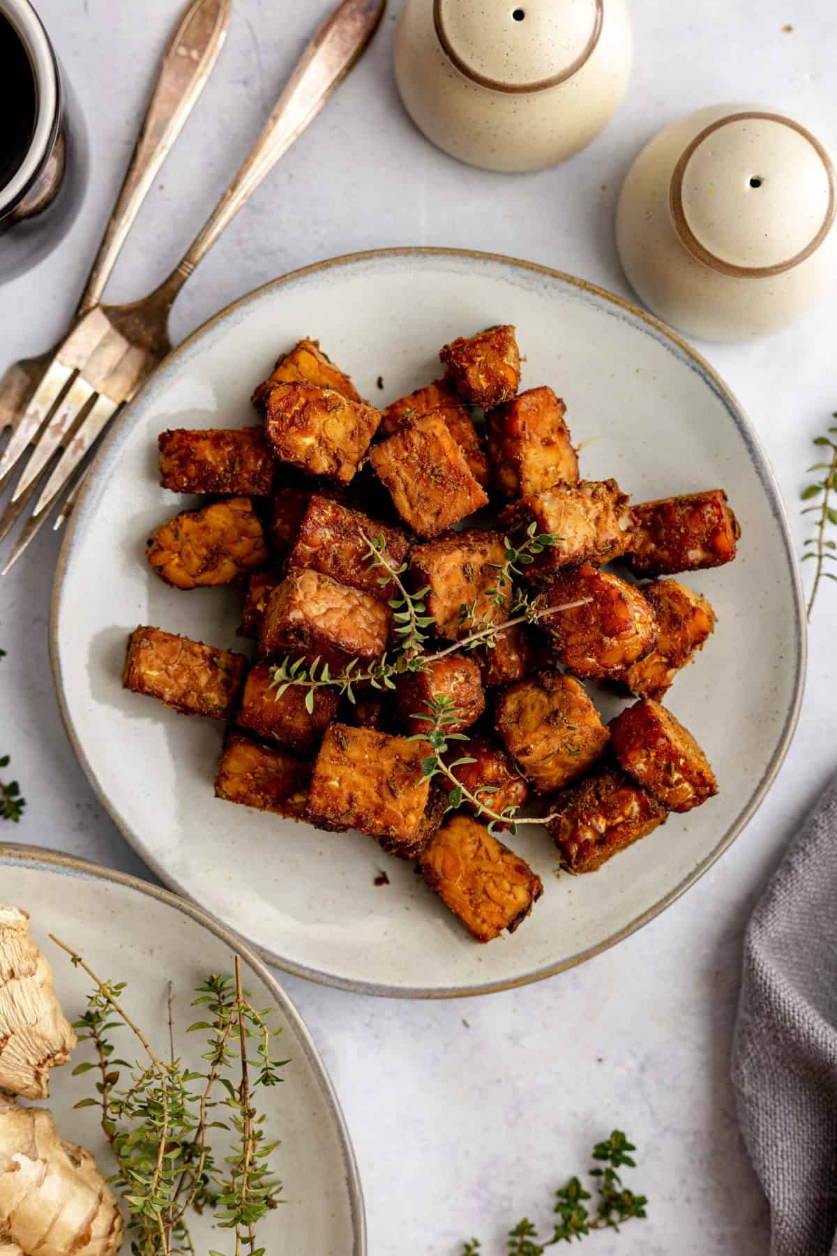 A plate of coffee molasses baked tempeh.