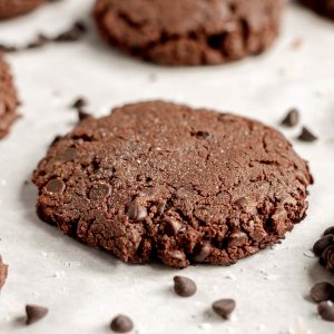 A tray of vegan double chocolate cookies.