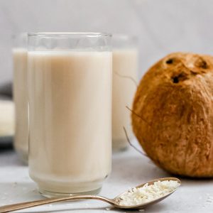 A glass of easy homemade coconut milk.