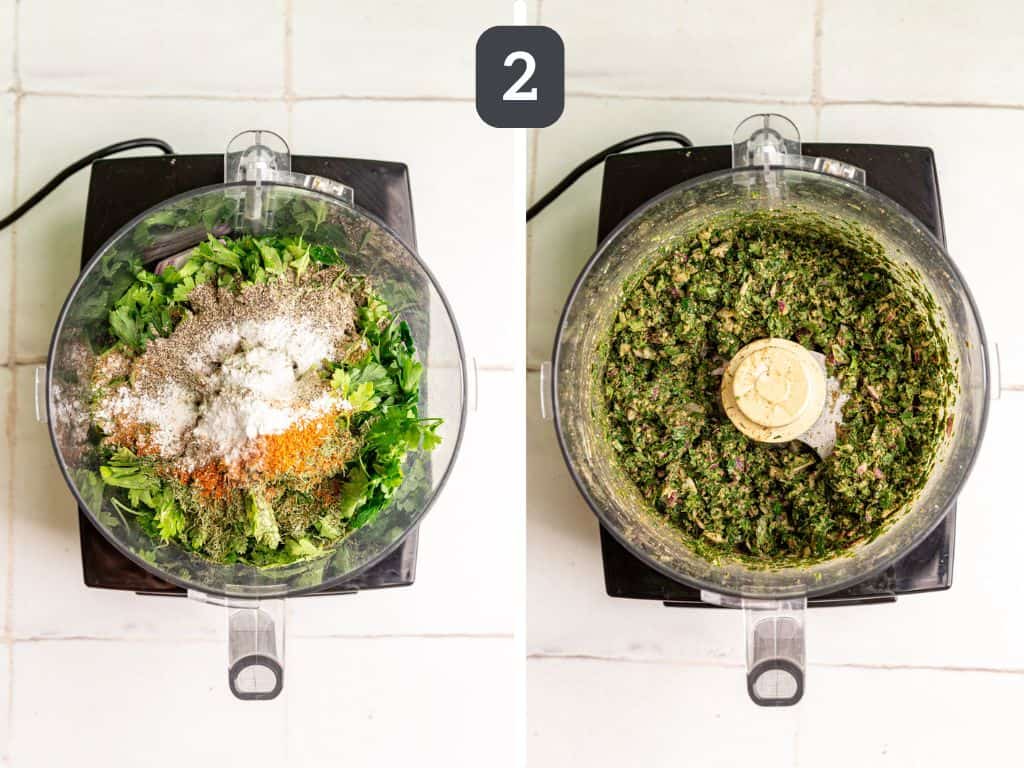 Falafel burgers step 2 - blend the herbs and spices.