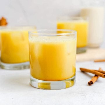 A glass of iced turmeric latte.