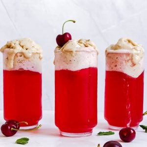 Three glasses of kombucha ice cream floats.