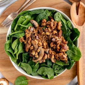 A bowl of mushroom teriyaki tempeh salad.