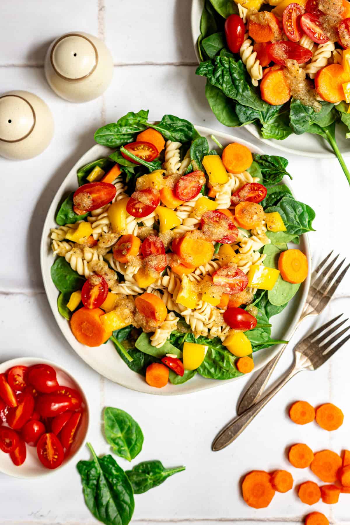 A plate of pasta salad salad.
