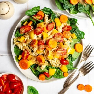 A plate of pasta salad salad.