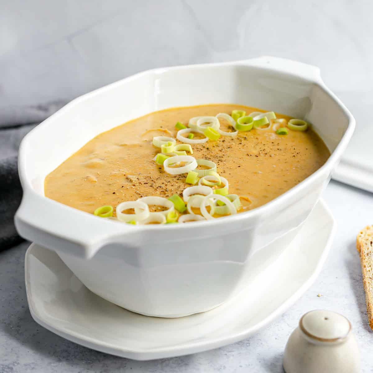 A bowl of vegan potato leek soup.