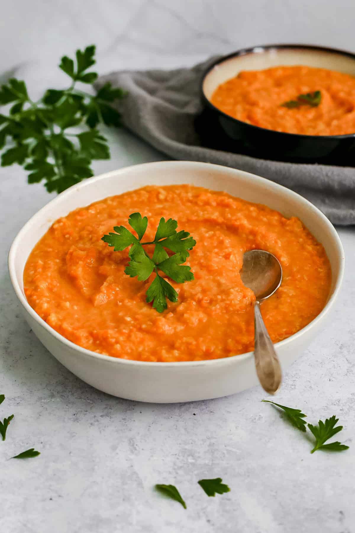 A bowl of roasted root vegetable soup.