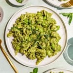 A plate of vegan broccoli pasta, ready to eat.