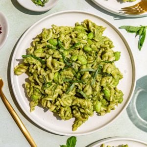 A plate of vegan broccoli pasta, ready to eat.