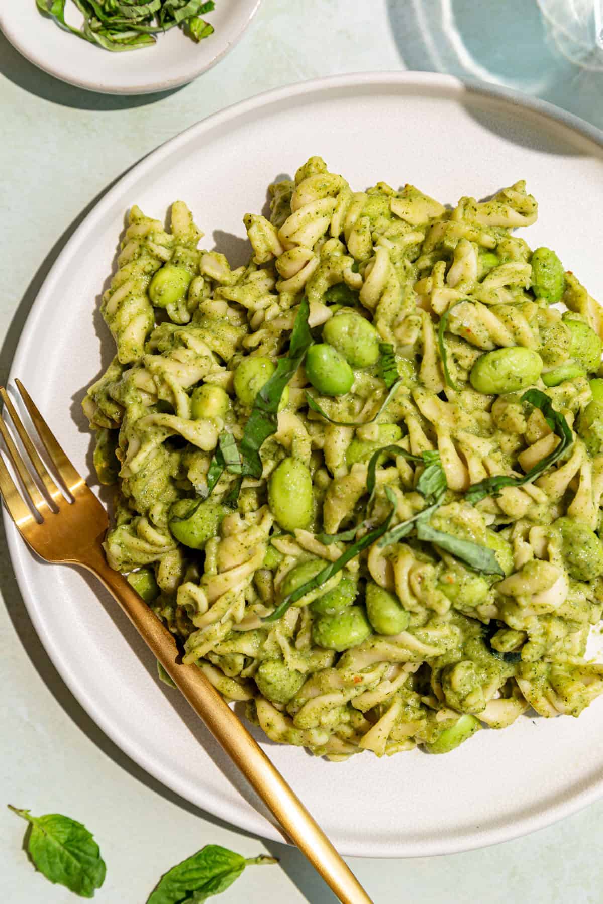 A plate of vegan broccoli pasta and a fork.