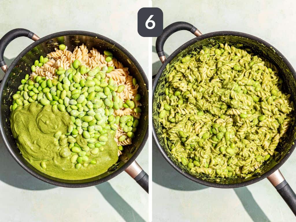 Vegan Broccoli Pasta Sauce Step 6 - add the pasta, sauce, and edamame to the pan.