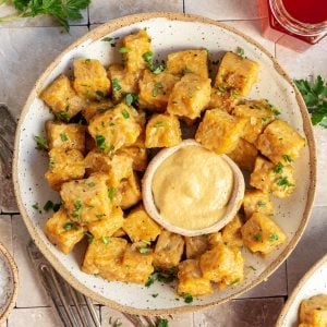 A bowl of vegan honey mustard tempeh.