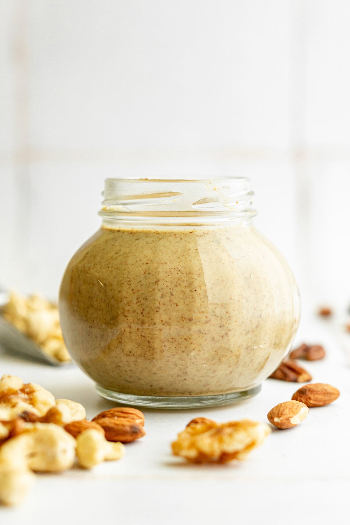 A jar of oil-free mixed nut butter.
