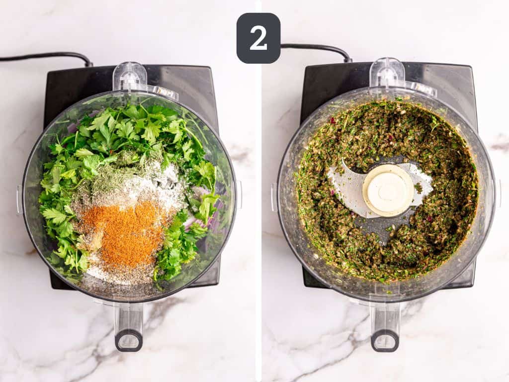 Tofu falafel step 2 - blend the herbs and spices.