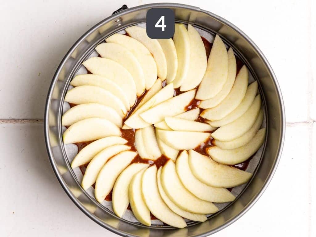 Vegan Caramel Apple Upside Down Cake step 4 - arrange the apples in the pan.