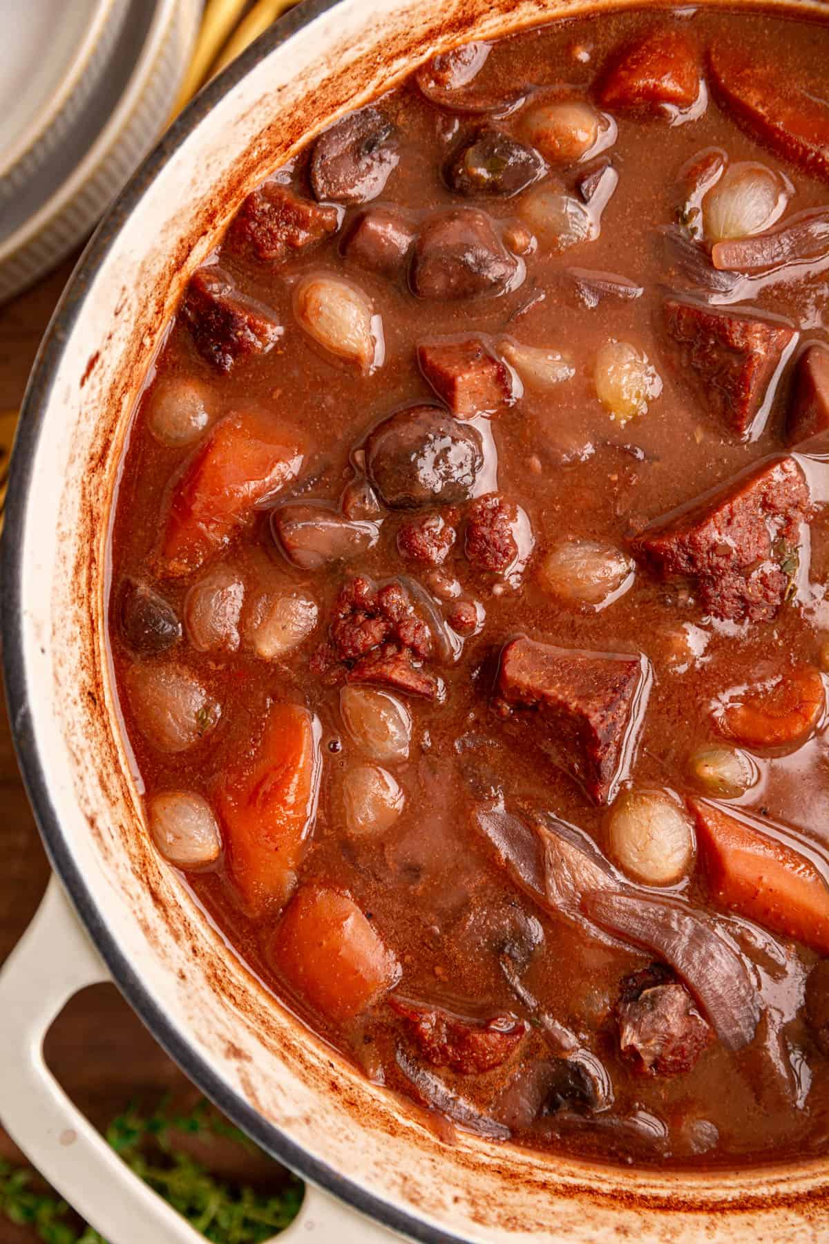 A pot of vegan beef bourguignon.
