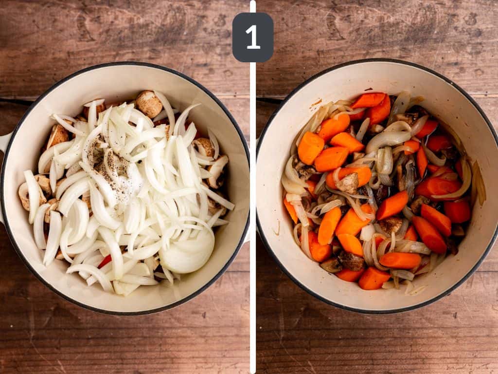 Vegan beef bourguignon step 1 - cook the onion, mushrooms, and carrots.