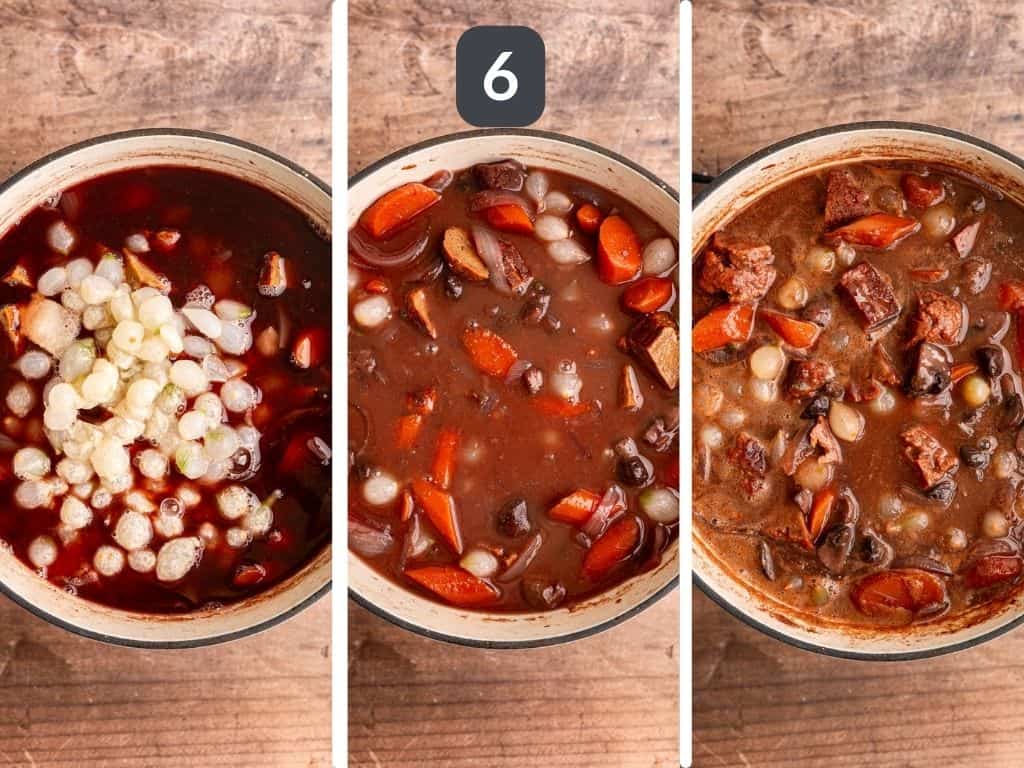 Vegan beef bourguignon step 6 - add the roux, pearl onions, and beef.