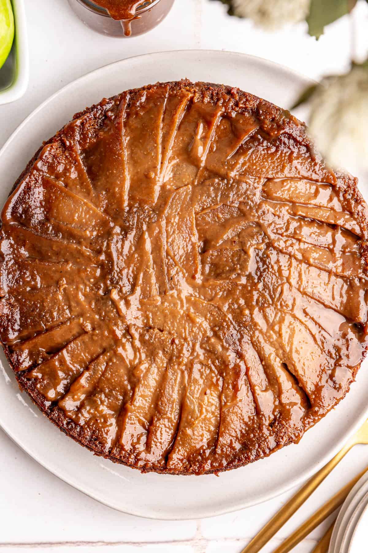 A vegan apple upside down cake, ready to serve.