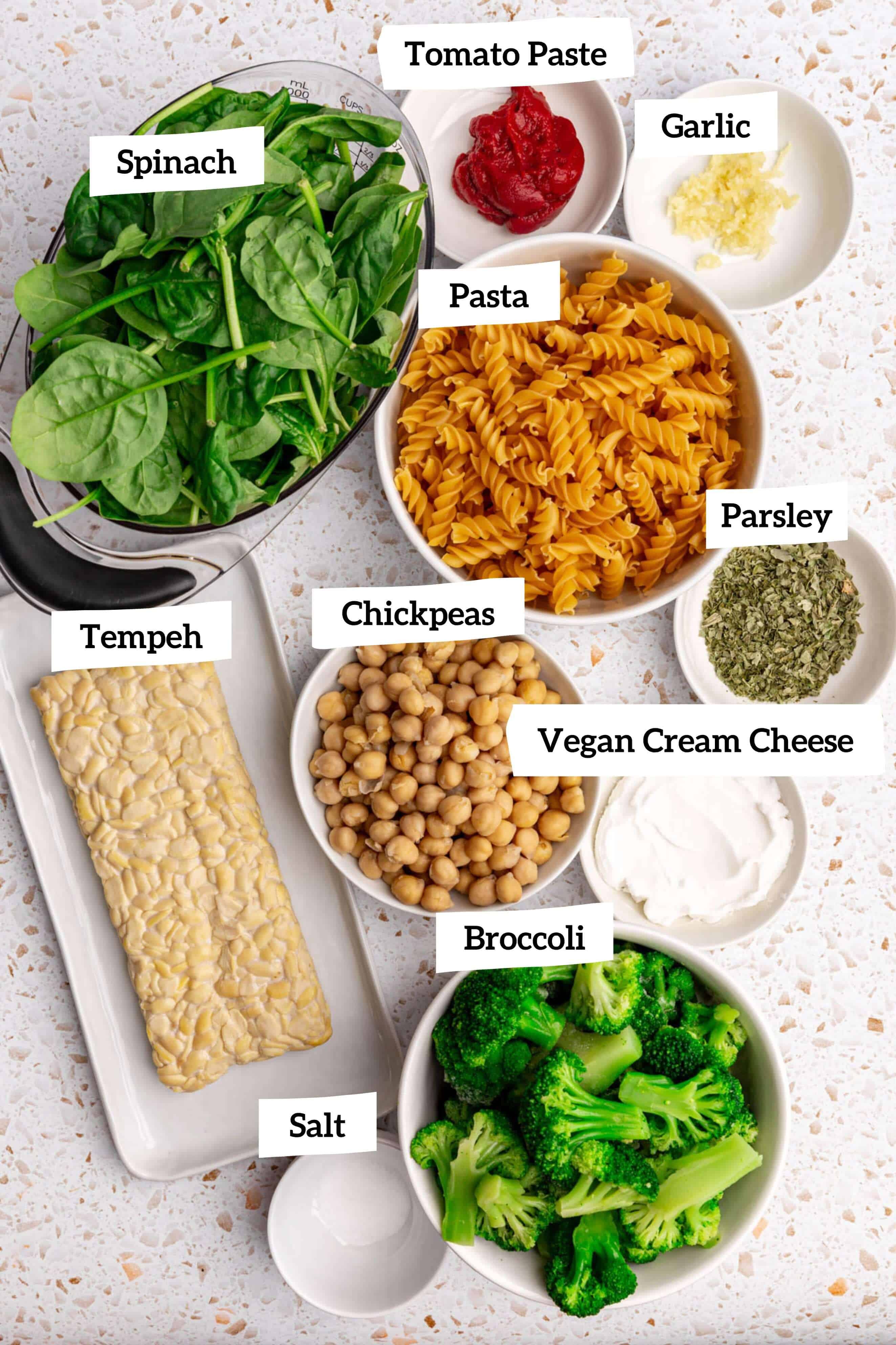 Vegan creamy spinach pasta ingredients.