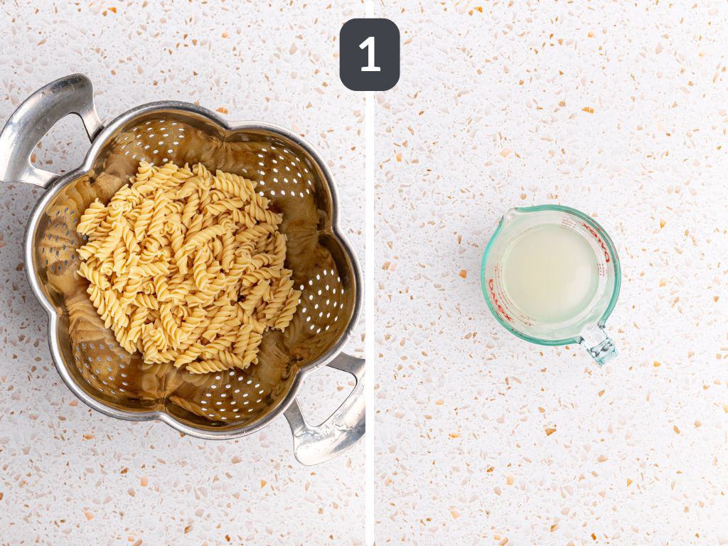 Vegan creamy spinach pasta step 1 - cook the pasta and reserve some pasta water.