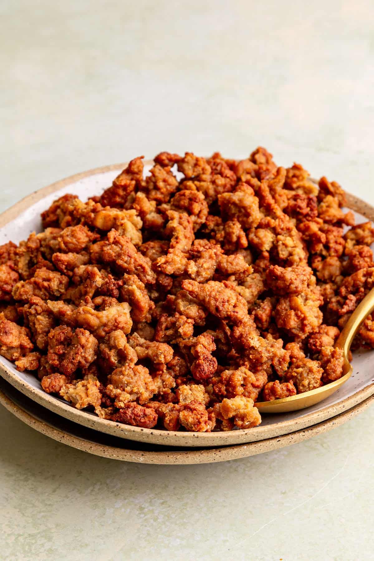 A bowl of vegan beef crumbles.