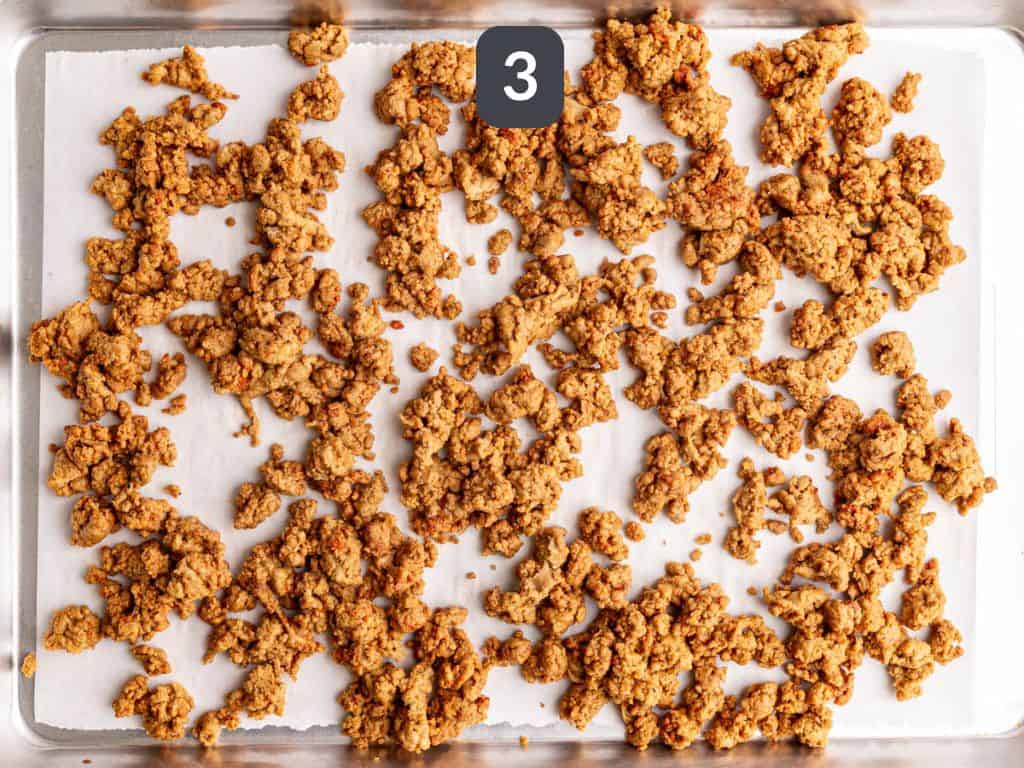 Vegan Ground Beef Crumbles step 3 - spread onto the prepared pan.