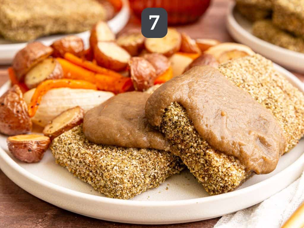 Thanksgiving Tofu Step 7 - serve with mushroom gravy.