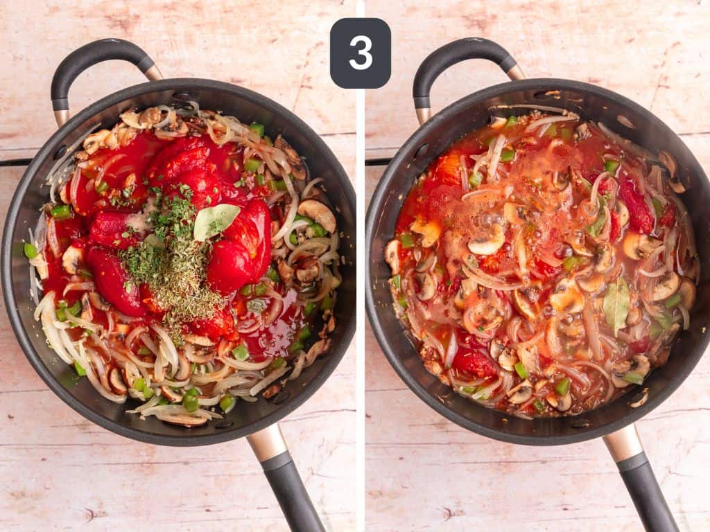 Vegan Cacciatore step 3 - add the tomatoes and herbs.