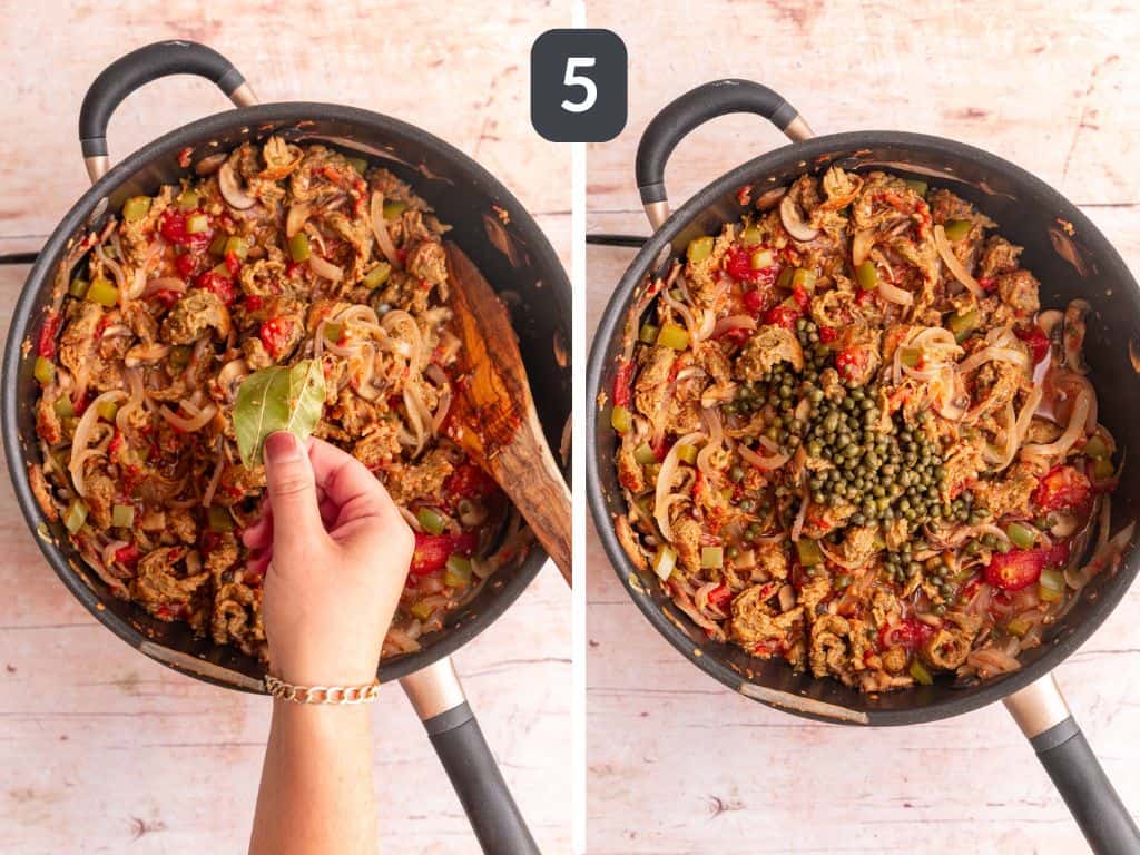 Vegan Cacciatore step 5 - remove the bay leaf and stir in the capers.